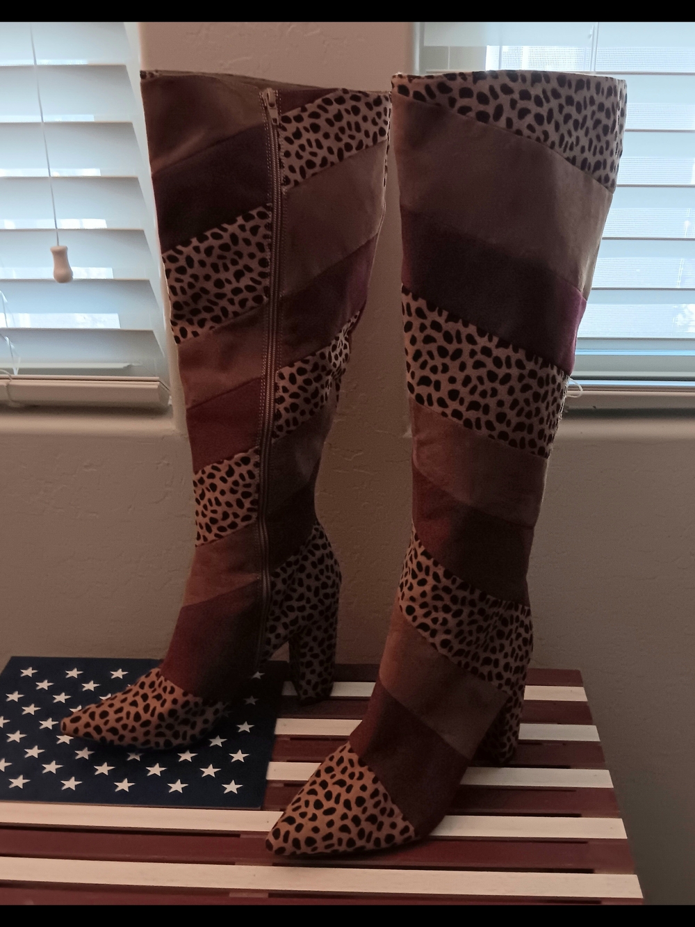 BAMBOO Over-the-Knee Leopard & Burgundy Patchwork Boots - Picture 2 of 4